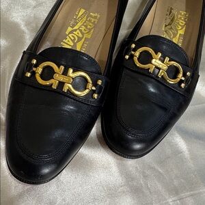 Salvatore Ferragamo Black Leather Loafers with Gold Detail